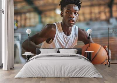 Ready to jump. African American young basketball player in action and moving with the ball in the gym. Concept of sport, movement and dynamic healthy lifestyle. Wall mural