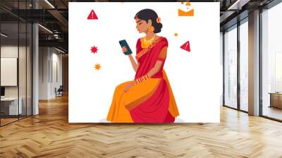 Indian girl holding phone received spam Wall mural