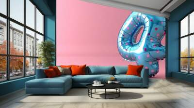 inflated blue number four on a bright pink background, cute decorative numeral, soft fuzzy texture, whimsical design, creative typography, playful concept Wall mural