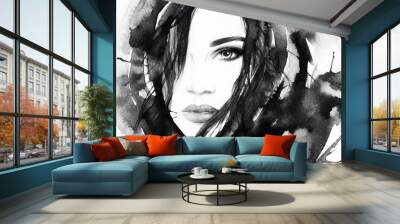 Beautiful woman face. Abstract fashion watercolor illustration Wall mural