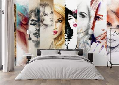 Beautiful woman face. watercolor illustration Wall mural