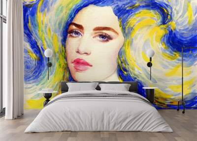 starry night. beautiful woman. fantasy  illustration. watercolor painting
 Wall mural