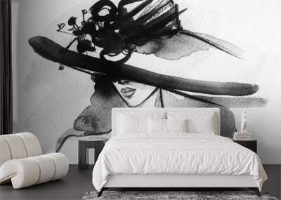 woman with elegant hat .abstract watercolor Wall mural