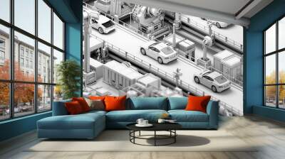 Isometric View of Car Manufacturing Factory - Modern Automotive Industry - Detailed Production Process Design Wall mural