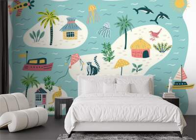 Little islands vector cartoon map with octopus, raccoon, wale, sea, ocean. Travel map for kids. Wall mural