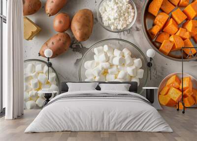 Sweet Potato Casserole Ingredients with Marshmallows, Eggs, and Butter on White Background Wall mural