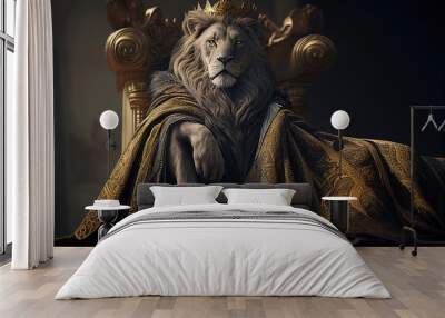 King of beasts lion in royal robe and crown on a royal throne. AI generative illustration Wall mural