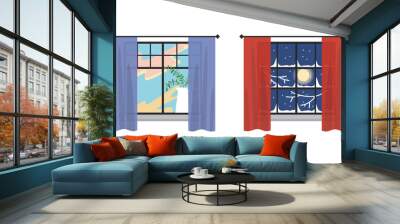 Set of two windows with a wiev of sky and different season and weather. Vector graphic design template Wall mural