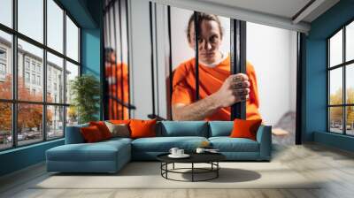 Psychological portrait of an evil and wild prisoner through the bars of a prison cell. A strong look and emotions Wall mural