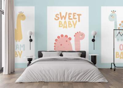 Dino baby princess poster with cute lettering. Childish simple hand draw style Pastel palette Cute print vector Wall mural