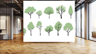 Green trees silhouettes set. Vector hand drawn isolated illustrations of different trees Wall mural