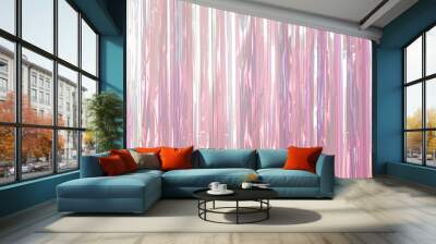 Pink holographic foil fringe, tinsel curtain for holidays party decoration. Sparkling background, neon trendy backdrop. Wall mural