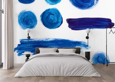 Set of blue acrylic paint stains and strokes. Artistic design Wall mural