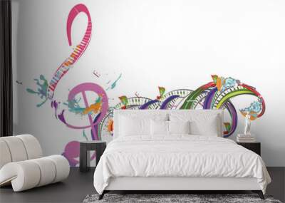 Abstract musical design with a treble clef and colorful splashes, notes and waves.  Colorful treble clef. Hand drawn vector illustration. Wall mural