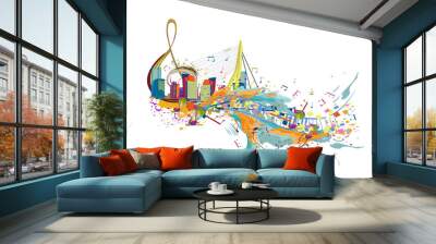 Abstract musical design with a treble clef and musical waves in the city. Hand drawn vector illustration. Wall mural