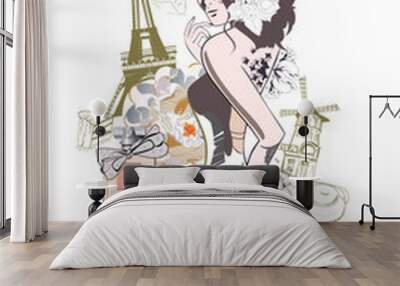 Border from Paris illustrations with fashion girls, cafes and flowers. Vector illustration. Wall mural