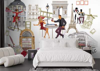 Set of Paris illustrations with fashion girls, cafes and musicians. Vector illustration. Wall mural