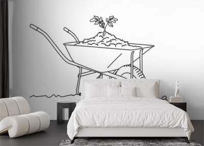 Line drawing of wheelbarrow filled with soil. Sprout the ground.  Vector illustration. Wall mural