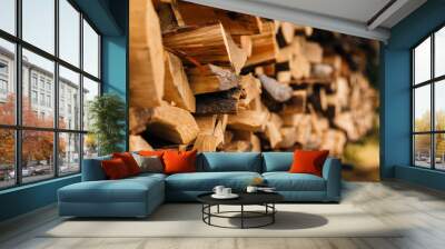 Closeup of chopped firewood in a stack ready for burning. Wall mural