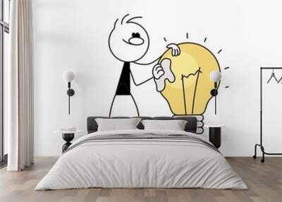 little man cleans bulb idea. Business metaphor. Wall mural