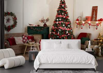 living room with christmas decorations. festive interior design Wall mural