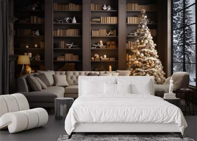 A contemporary living room with a decorated Christmas tree near the window, capturing the warmth of Christmas Wall mural