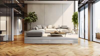 A contemporary living-room with empty wall for mockups, modern interior elements, neutral tones, and plants in modern pots Wall mural