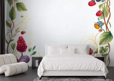 Watercolor summer berries illustration with borders and space for text. Generative AI Wall mural