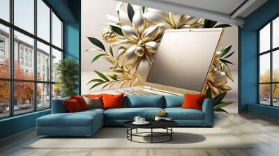 Luxury laptop close-up with gold ornament illustration. Wall mural