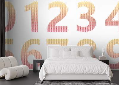 Set of pink and yellow numbers isolated on white. Alphabet with numbers. Vector graphic elements for design. Zigzag lines, wavy lines Wall mural