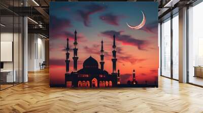 Majestic mosque at sunset with crescent moon. Ttranquil religious scene for posters or cards Wall mural