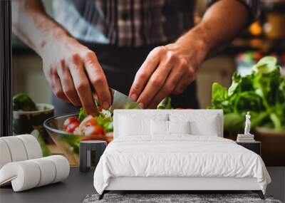 male cook prepares salad in the kitchen Wall mural