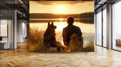 Man and dog sit by lake under sunset sky, happy in natural landscape Wall mural