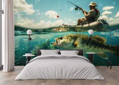 Man in boat fishing with lure underwater standing out, focus on fish and angler in sunny weather. Concepts of outdoor recreation, sport fishing, and nature activities. Wall mural