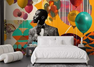 Man in stylish suit celebrating birthday with colorful balloons and cake in artistic background. Party collage, birthday, fashion style, art, festive atmosphere, vibrant colors, joy. Wall mural