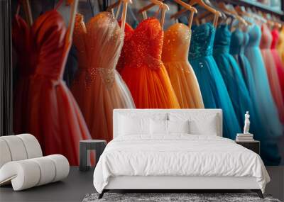 Many colorful elegant formal dresses for sale in modern shop boutique. Dress rental for various occasions and events Wall mural