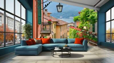 Picturesque small town street view in Lake Como Italy Wall mural