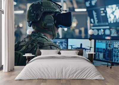 Military personnel using virtual reality technology for drone operation in a high-tech control room. Useful for articles on military technology, virtual reality applications, and defense innovations. Wall mural