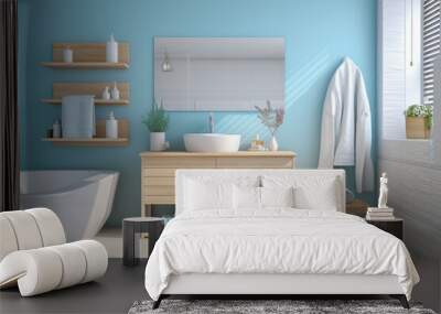 Minimalistic cozy bathroom with wooden texture. Blue and white pastel colors, modern interior design Wall mural