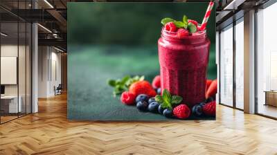 mixed berry smoothie with strawberry, blueberry and raspberry berryes isolated on green background. Wall mural