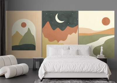 Modern abstract minimalist landscape posters. Desert, mountains, sun and moon. Day and night scene. Pastel colors, earth tones. Boho mid-century  art print. Flat design. Stock vector illustration Wall mural