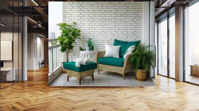 modern cozy balcony interior design with brick wall and green furniture Wall mural