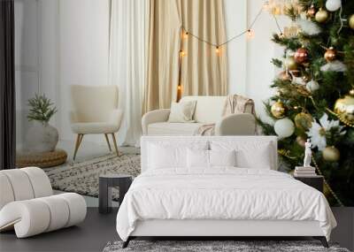 Modern interior design living room with Christmas decorations, toys, gifts, fir tree. Wall mural