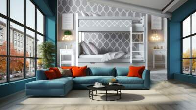 Modern interior of a bedroom with bunk bed, grey and white colors. Super photo realistic background, generative ai Wall mural