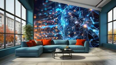 moment an AI becomes the dominant force in the data realm, drawing in the remnants of its competitor against a complex network background Wall mural