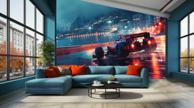 Monaco night race F1 racing car street formula 1 racing high speed banner sports grand prix France, 3d, illustration Wall mural