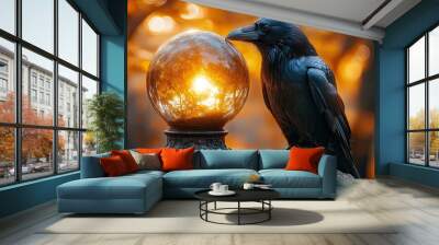 Mystical Raven Around a Crystal Ball Emitting a Glowing Aura Wall mural