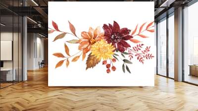 Fall floral bouquet. Watercolor hand-painted autumn flowers and tree leaves arrangement, isolated on white background. Botanical illustration. Wall mural