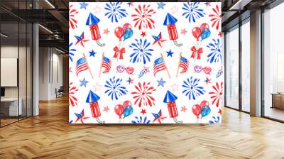 Festive 4th of July seamless pattern with watercolor red, white and blue balloons, fireworks, stars and flags on white background. Patriotic american print Wall mural