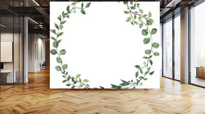 Floral wreath made of green leaves, greenery vine, and eucalyptus foliage. Watercolor botanical wreath. Hand-painted illustration. PNG clipart. Wall mural